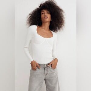 Madewell Finely Ribbed Soft Lightweight Corset Knit Top with Long Sleeves, XS